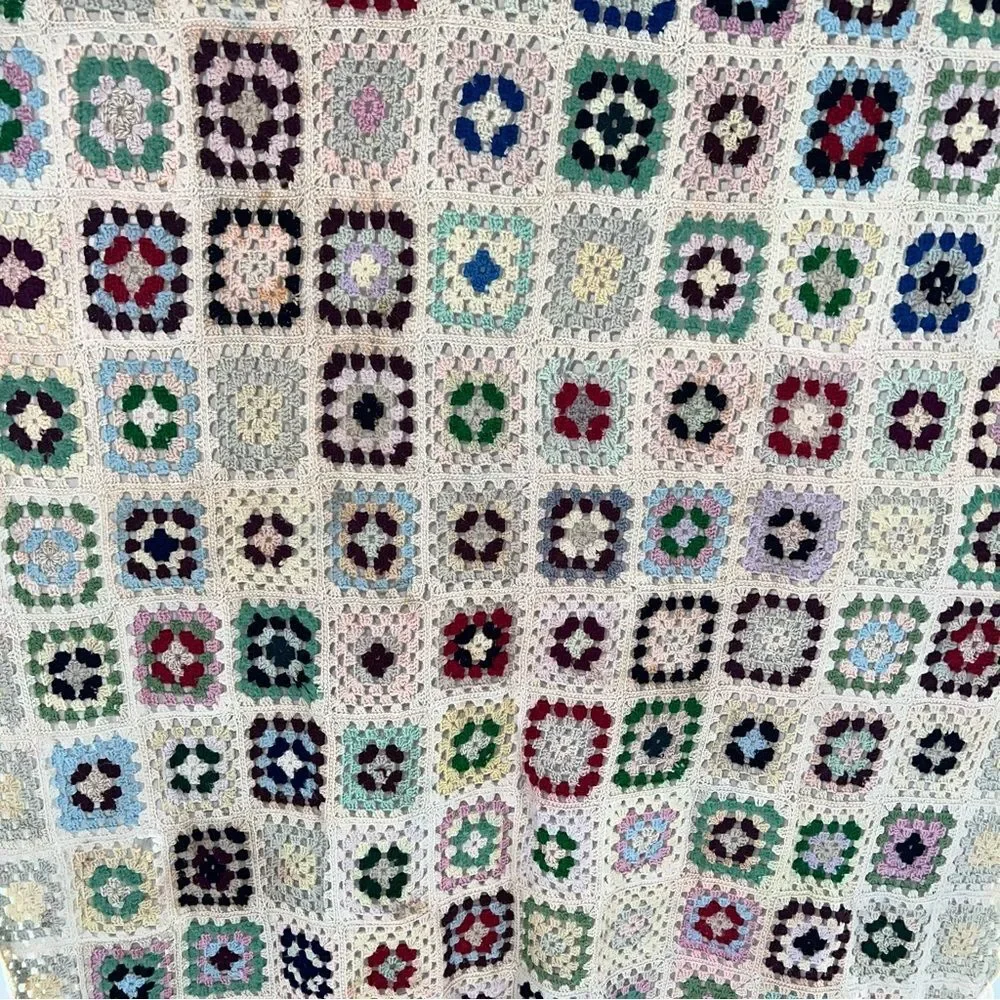 Vintage Afgani Crochet Grandma Square Blanket Throw Quilt Multicolor Handmade